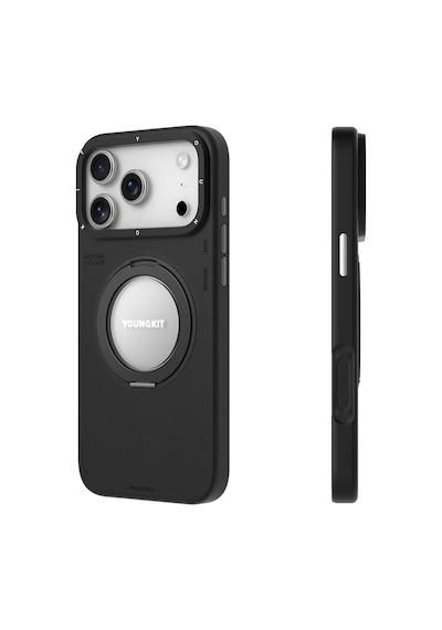 Apple Uyumlu iPhone 17 Pro Kılıf M-safe 360 Standlı Basit Mat Deri Desenli Youngkit Tech Leather Seri Kapak Siyah Siyah