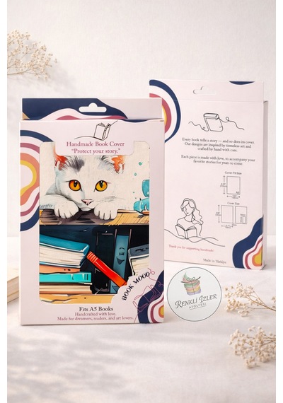 Kitap Kılıfı Ve Metal Kitap Ayracı Seti Kütüphanedeki Kedi