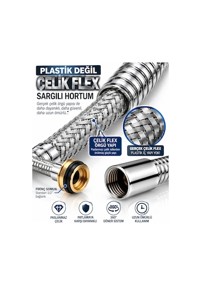 Çelik Flex Sargılı Duş Hortumu 150 Cm Paslanmaz Çelik Örgülü 360 Döner Sistem ½" Gümüş
