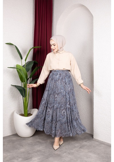 Hira Life Fashion Asimetrik Kesim Etnik Desen Astarlı Tül Tesettür Etek Gri Gri
