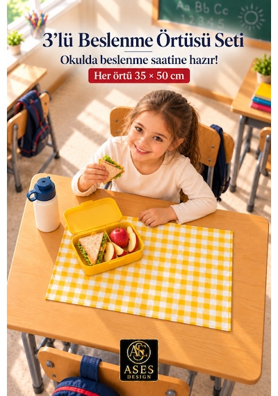 3 Lü Set Yıkanabilir Beslenme Örtüsü 35x50 Cm Sarı Beyaz Kareli - Anaokulu Ve İlkokul