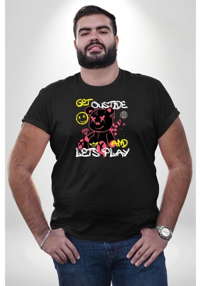 Angemiel Dışarı Çık Ve Oynayalım Teddy Siyah Büyük Beden Erkek Kadın Unisex Basic Ön Baskılı Tişört Siyah