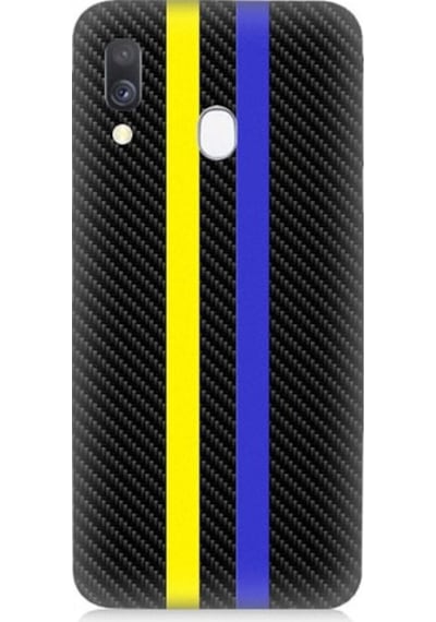 Samsung Galaxy A40 Uyumlu Sarı Lacivert Karbon Motif Desenli Silikon Kılıf