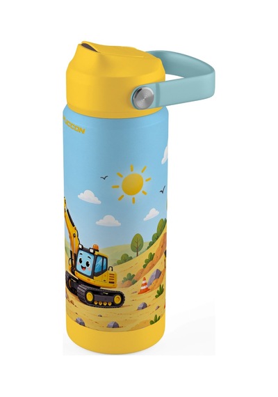 Puccon 540 Ml İş Makinesi Baskılı Sarı - Mavi Erkek Çocuk Pipetli Çelik Termos Matara/suluk - 60046