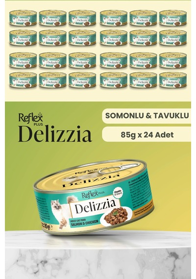 Plus Delizzia / Sos İçinde Parça Etli Somonlu & Tavuklu Yetişkin Kedi Maması 85g X 24 Adet