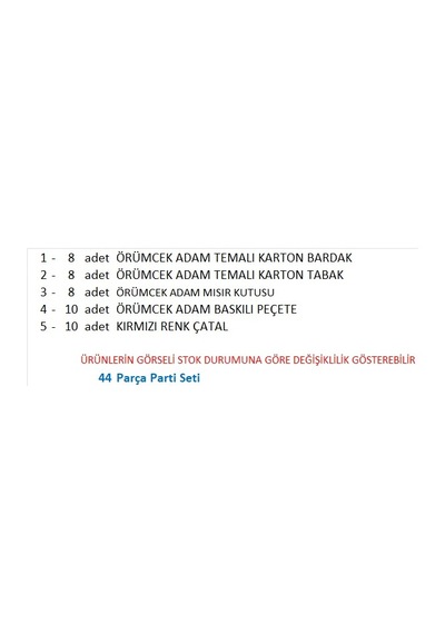 Örümcek Adam 8 Tabak, 8 Bardak, 8 Mısır Kutusu,10 Peçete, 10 Çatal