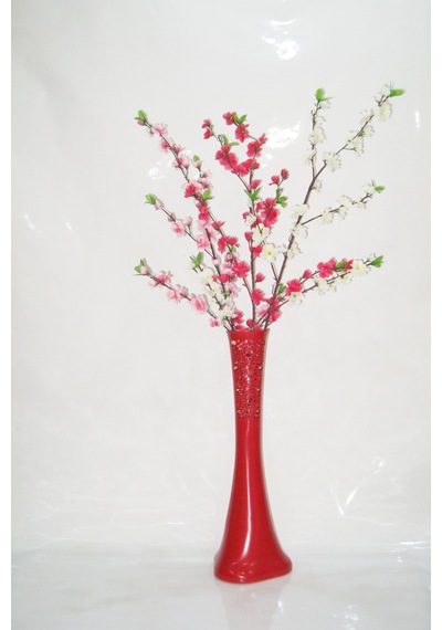 60 Cm Kırmızı Desenli Vazo Üç Renk Bahar Dalı