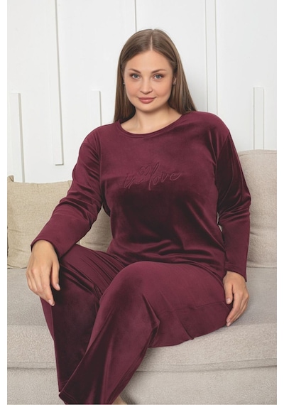 Büyük Beden Kırmızı Likralı Soft Kadife Pijama Takımı Bordo