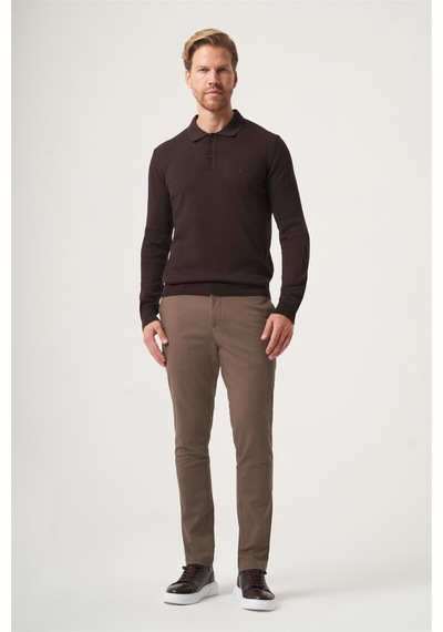 İmza Kahverengi Polo Yaka Uzun Kol Örme Comfort Fit Pamuklu Kazak 1012265150