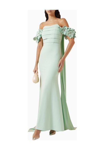 Ac By Aanchal Chanda Off - Shoulder Cape - Style Çiçek Işlemeli Maxi Kadın Elbise Yeşil