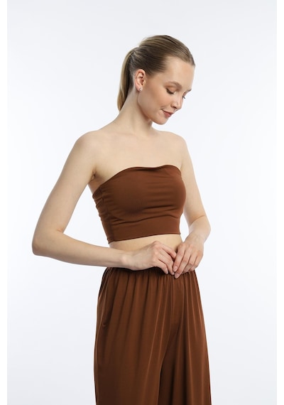 Quhox Kadın Allegro Kumaş Askısız Crop Top Kahverengi