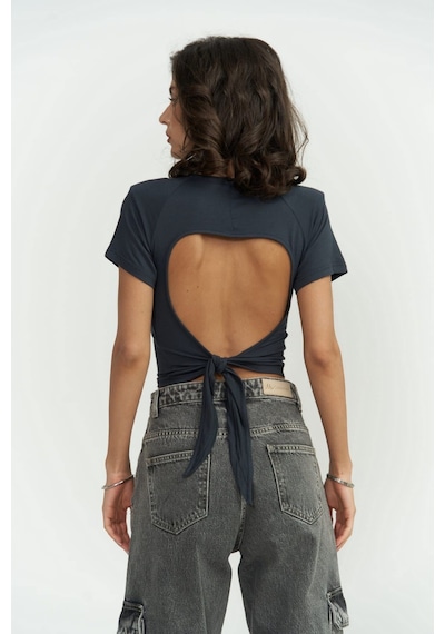 Mai Collection Mai Studios Co. Perla Vatkalı Antrasit Crop Bluz Antrasit