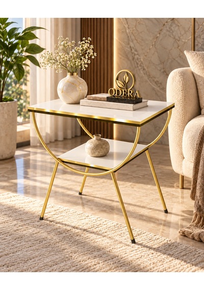 Odera Çift Beyaz Çift Raflı Yan Sehpa Komodin Metal Ayaklı Retro Modern Sehpa Diğer