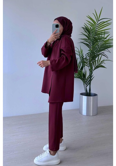 Kahijab Çiçekli Asimetrik Kesim Scuba Takım - Bordo Bordo