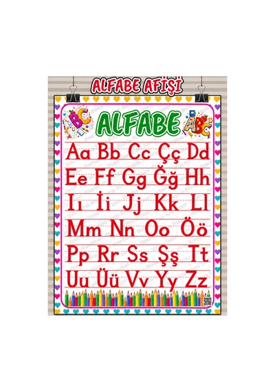 Alfabe Afişi Eğitici Çocuk Posteri Okul Öncesi İlkokul Sınıf Duvar Panosu Öğretmen Materyali 30x42cm A3 Kalın Kuşe Kağıt