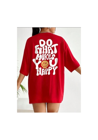 Medinenur Do What Makes You Happy Baskılı Kadın T-shirt Kırmızı