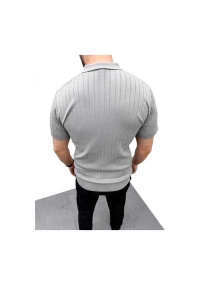 Oada Erkek Yazlık Triko Saç Örgü Tişört Kısa Kol Polo Yaka Fermuarlı T-shirt - Gri