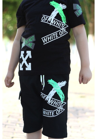 Off White Yazı Baskılı Kaprili Erkek Alt-üst Takımı Gri