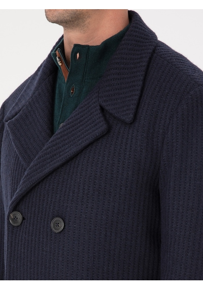 Cacharel Lacivert Slim Fit Yün Karışımlı Kruvaze Kaşe Kaban