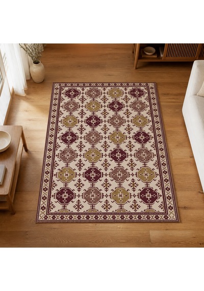 Kartela Halı Afgan Türkmen Desenli Otantik Halı Bordo Kaymaz Taban Makinede Yıkanabilir 80x120 Cm