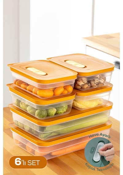 Vienev 6'lı Hava Kanallı Ayarlanabilir Sebze Ve Meyve Saklama Kabı 4x 1,15 Lt 2x 2,5 Lt Turuncu Turuncu