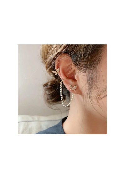 Lunarie Altın Zirkon Taşlı Kelebek İnci Zincir Ear Cuff Küpe