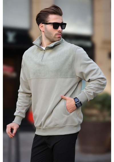 Madmext Çağla Yeşili Dik Yaka Yarım Fermuarlı Polar Sweatshirt 7096 Yeşil