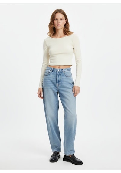 LTB Uzun Kollu Kayık Yaka Crop Krem Sweatshırt Krem