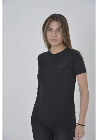 Kadın Gögüs Fileli T-shirt Kısa Kol Bisiklet Yaka Slimfit Tişört - Siyah Siyah