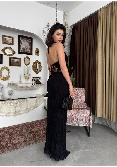 Mayrem May Rem Kadın Yazlık Beyaz Halter Yaka Maxi Etek Takım Siyah