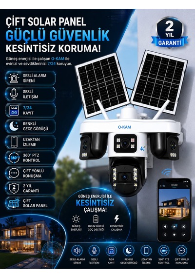 Okam 335 Premıum 4g Solar Güvenlik Kamerası Sım Kartlı 7/24 Kayıt Akıllı Takip Renkli Gece Görüşü