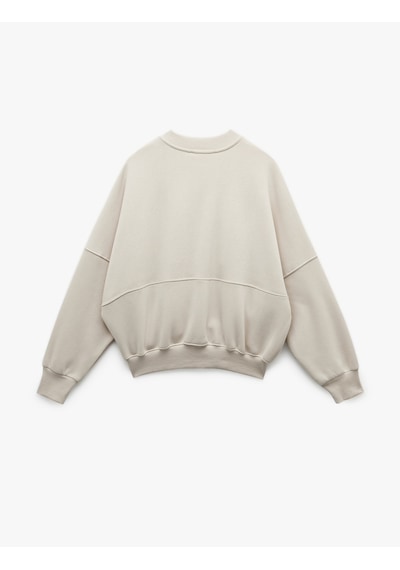 Koton Üç İplik Şardonlu Uzun Kollu Fermuarlı Bomber Yaka Sweatshirt Bej 6wal10126ık Ekru