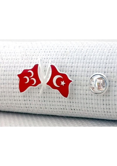 Takıhan Türk Bayrağı Ve Üç Hilal Tasarımlı 925 Ayar Gümüş Rozet Kırmızı