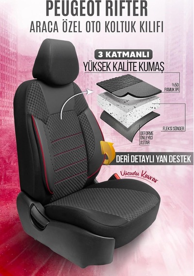 Peugeot Rifter İle Uyumlu Pamuklu Kumaş Araca Özel Oto Koltuk Kılıfı Tam Set Siyah Kırmızı