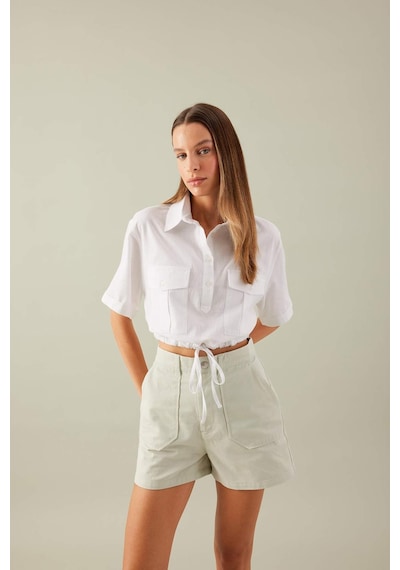 DeFacto Cropped Fit Gömlek Yaka Keten Karışımlı Kısa Kollu Bluz C6812AX24SMWT34