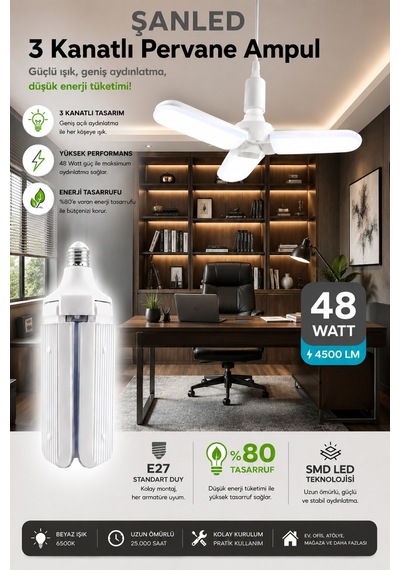 3 Kanatlı Pervane 48w Ampul Beyaz Işık- 2 Adettir 2 Adet