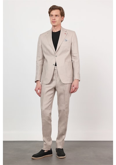 İmza Bej Mono Yaka Keten 6 Drop Slim Fit Yarım Astar %100 Keten Takım Elbise 1001260164 Koyu Bej