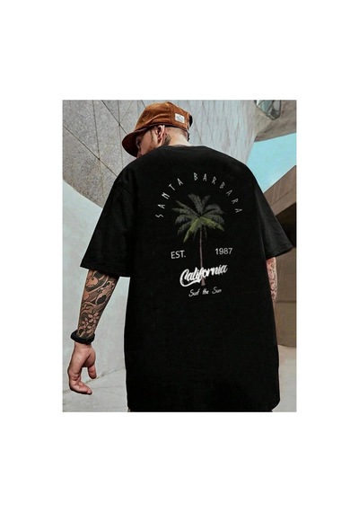Medinenur Arka Palmiye Baskılı Basic T-shirt Siyah