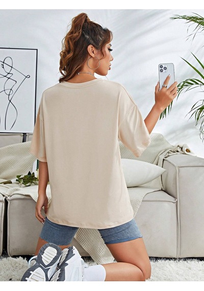 Çiçekli Desenler T-shirt - Bej Baskılı Oversize Bisiklet Yaka Kısa Kol Tişört Bej