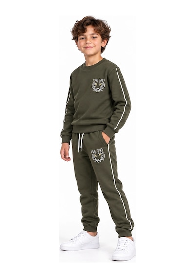 Rony Pony Kids Haki Kaplan Nakışlı 3 İplik Çocuk Eşofman Takımı Bisiklet Yaka Biyeli Sweatshirt Ve Jogger Alt Rony Pony Kids Haki Kaplan Nakışlı 3 İplik Çocuk Eşofman Takımı Bisiklet Yaka Biyeli Sweatshirt Ve Jogger Alt