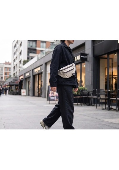 Bezos Krem Unisex Bel Çantası Çapraz Askılı Günlük Kullanım Fermuarlı 30x13 Cm Nıda