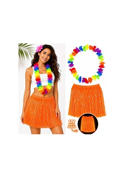 Neon Turuncu Hawaii Etek 40 Cm Ve Rengarenk Hawaii Kolye Evimdeyokyok
