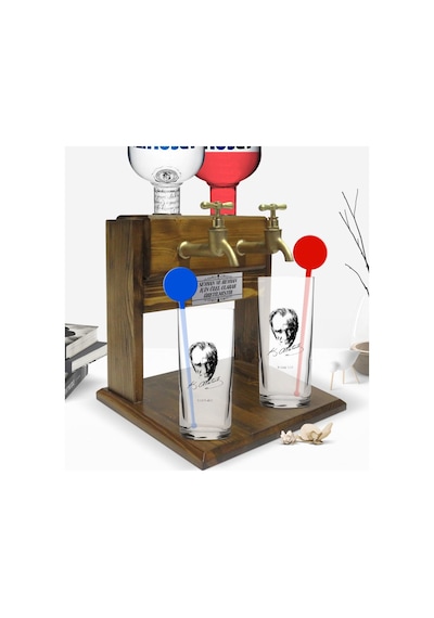 Kişiye Özel Renkli Baskılı Atatürk Temalı İkili Vodka Bardağı Ve Çift Musluklu Doğal Ahşap Vodka Standı-18