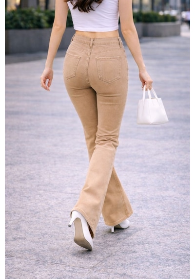 Cedy Denım Yüksek Kalite Kadın 5 Cep Düşük Bel İspanyol Paça Skinnyfit Esnek Jean Pantolon C619 Camel