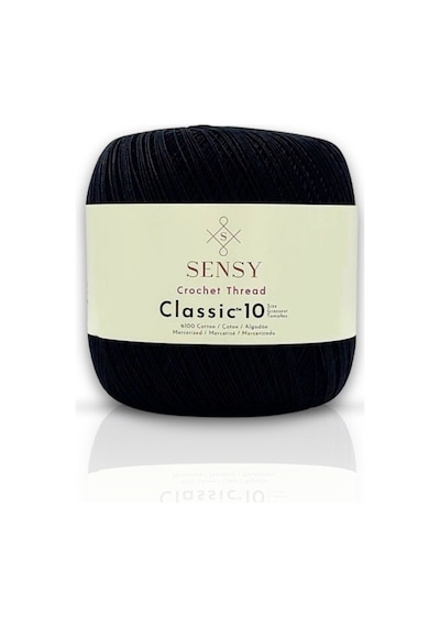 Sensy Classic 10 Tığ İpi 100% Merserize Pamuk Örgü İpi, Dantel İpi, Giza Mısır Pamuğu Siyah