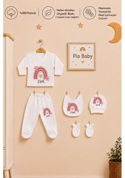 Pia Baby Kız Bebek 5'li Zıbın Seti %100 Pamuk İsimli Kişiye Özel Organik Baskılı 1003z3x Krem