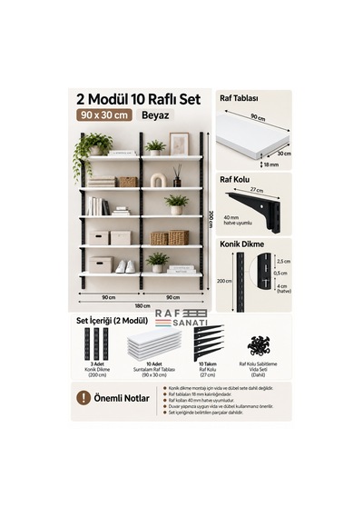 2 Modül 90x30 Cm 10 Raflı Geniş Mağaza Duvar Rafı Konik Dikme Sistem Beyaz Suntalam