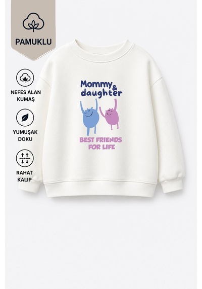 Monila Kız Çocuk Pamuklu Bisiklet Yaka Anne Kız Baskılı T-shirt Ekru