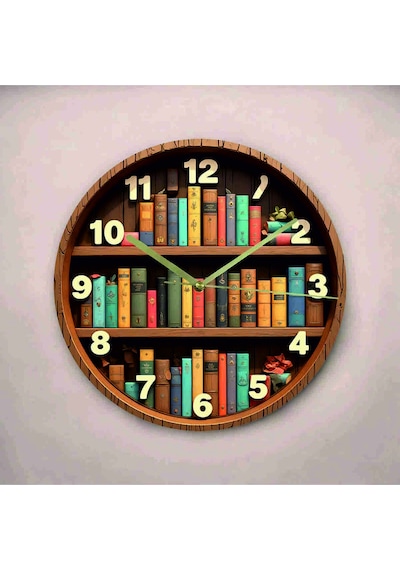 AA Shop Kitap Raf Kütüphane Renkli Baskı Desenli Sayılı Hediyelik Ahşap Sessiz Tablo Duvar Saati 636 Çok Renkli