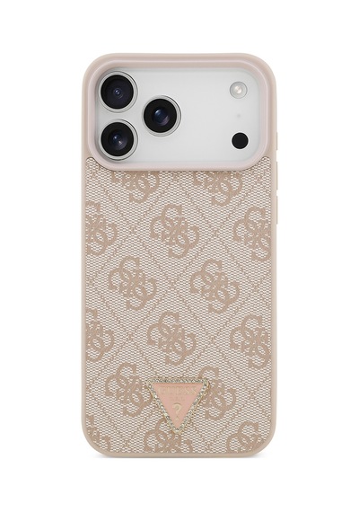 Apple iPhone Uyumlu 18 Pro Max Kılıf Guess Lisanslı M-safeli Taşlı Üçgen Logo 4g Desenli Strass Kapak Pembe